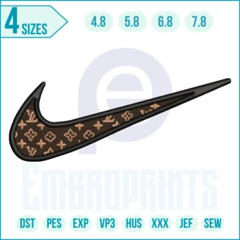 Embroidered Nike Swoosh LV design featuring a luxury LV-inspired pattern combined with the classic swoosh logo, ideal for customizing hoodies, jackets, and bags.