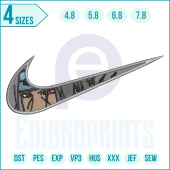 Nike Swoosh X Kakashi Eyes embroidery design featuring Kakashi Hatake’s iconic eyes merged with a swoosh logo, ideal for anime-themed embroidery projects.
