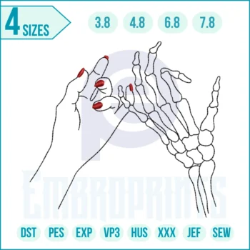 Skeleton hand embroidery design featuring detailed bone hand stitching, perfect for Halloween clothing, gothic accessories, and spooky décor projects.
