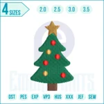 Christmas tree embroidery design with ornaments for shirts, sweaters, stockings, and holiday décor.