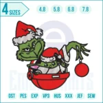 Christmas Grinch and Baby Yoda embroidery design featuring the Grinch and Baby Yoda in festive holiday outfits.