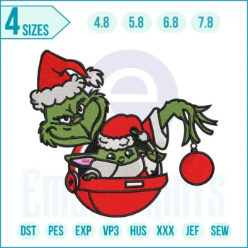 Christmas Grinch and Baby Yoda embroidery design featuring the Grinch and Baby Yoda in festive holiday outfits.