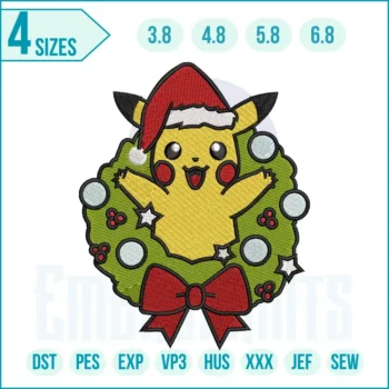 Christmas Pokémon embroidery design featuring popular Pokémon characters in festive holiday outfits.