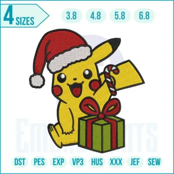 Christmas Pikachu embroidery design wearing a Santa hat with festive holiday decorations.
