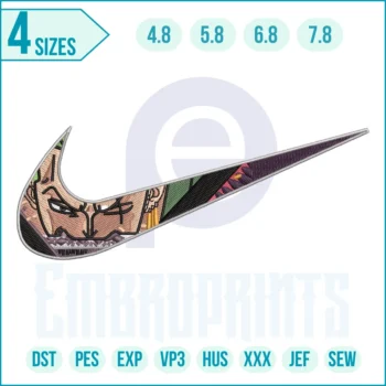 Roronoa Zoro anime eye embroidery design in a swoosh-style layout for jackets, hoodies, caps, and DIY patches.