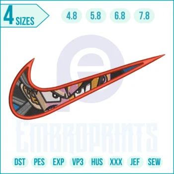 Itachi Uchiha anime eyes embroidery design in a swoosh-style layout for jackets, hoodies, caps, and DIY patches.