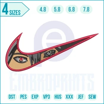 Anime eyes embroidery design in a swoosh-style logo shape, featuring bold red ninja-style eyes for streetwear clothing and custom patches.