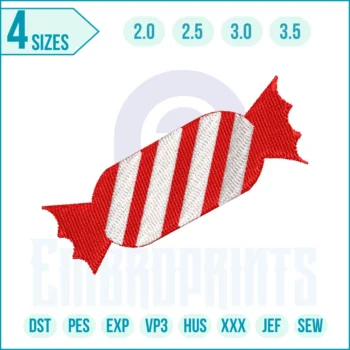Colorful wrapped candy embroidery design with twisted ends, sweet treat stitch pattern for machine embroidery, perfect for shirts, bags, holiday crafts, and candy-themed projects.