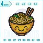 Cute ramen noodle embroidery design featuring a detailed bowl of noodles with clean stitches, perfect for apparel, kitchen items, and food-themed projects.