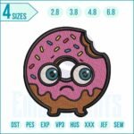 Cartoon Donut Embroidery Design featuring a pink frosted donut with expressive eyes and a bite mark, perfect for kids’ clothing and fun sewing projects.