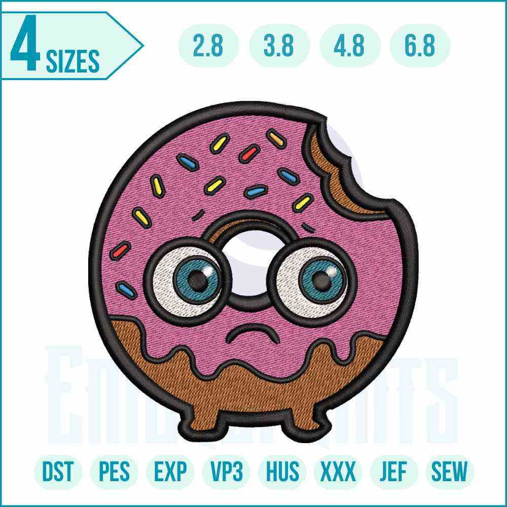 1319 E_9_11zon_9_11zon Cartoon donut embroidery design Cartoon Donut Embroidery Design featuring a pink frosted donut with expressive eyes and a bite mark, perfect for kids’ clothing and fun sewing projects.