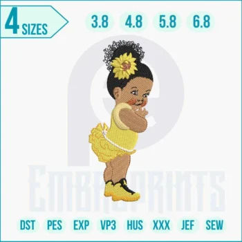 Elegant African woman embroidery pattern with sunflower accents.