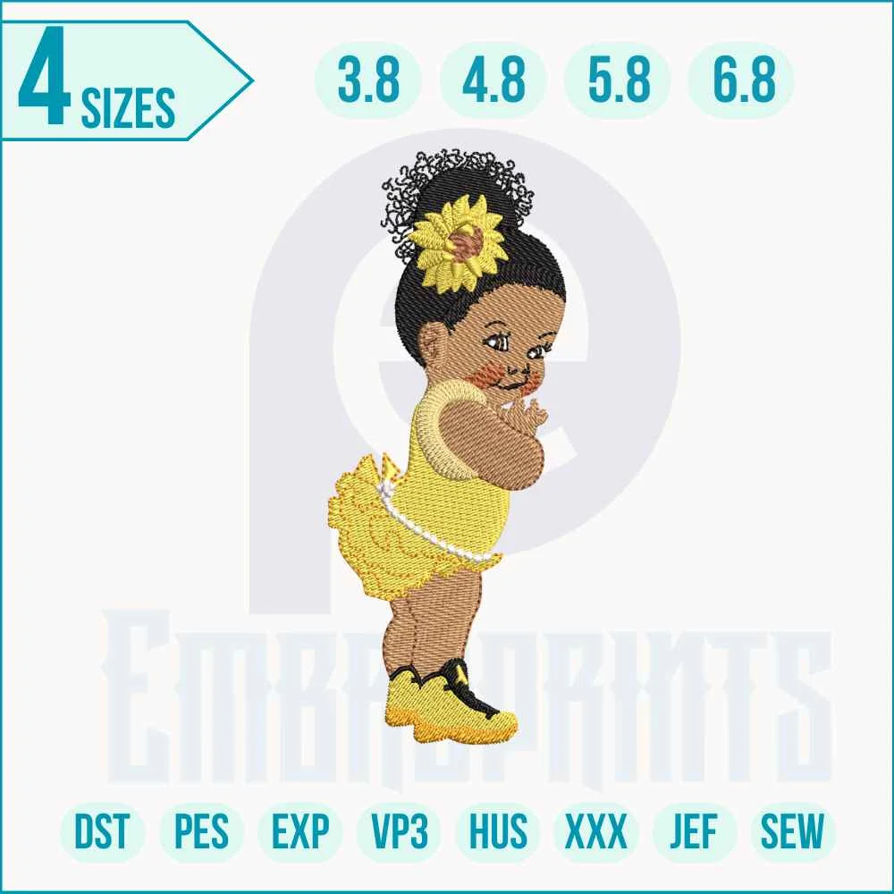 African girl sunflower Embroidery Design Elegant African woman embroidery pattern with sunflower accents.