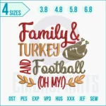 Embroidery design showing family theme with a turkey and football, perfect for Thanksgiving and fall projects.