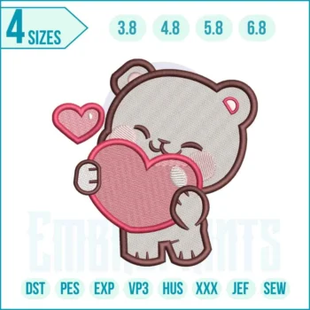 Kawaii teddy bear holding a heart embroidery design for machine embroidery projects.