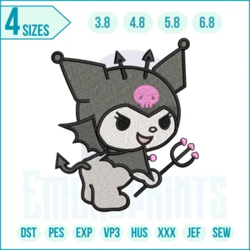 Kuromi-inspired devil embroidery design in gothic kawaii style for machine embroidery.