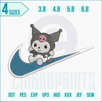 Fan art Kuromi embroidery design featuring kawaii gothic character in a trendy streetwear style.