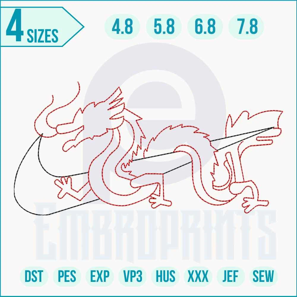 Single run Nike dragon embroidery design Dragon embroidery design for hoodies, jackets, caps, and custom sportswear-inspired projects.