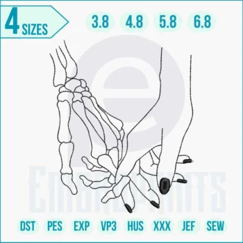 Detailed skeleton hand holding embroidery design with gothic and spooky aesthetic.