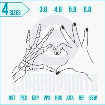 Detailed skeleton hands holding a heart embroidery design with dark gothic aesthetic.