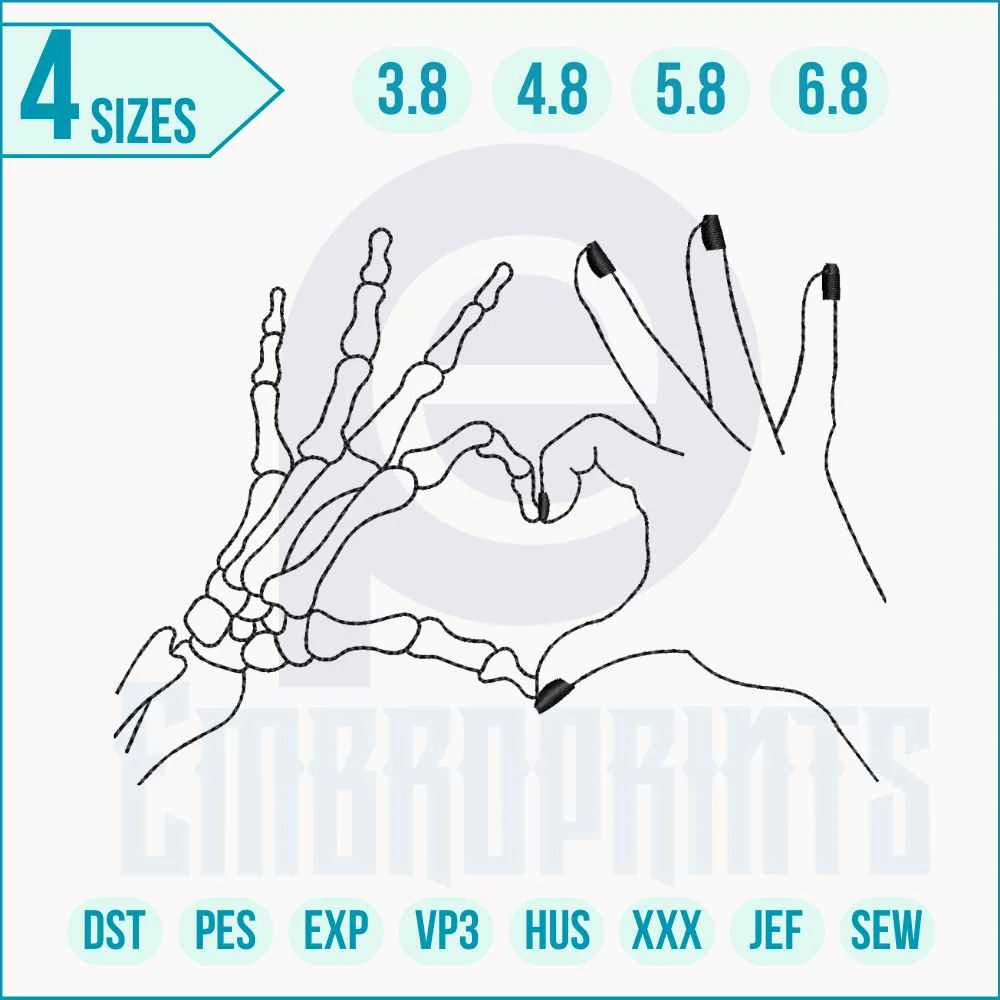 Skeleton hands heart embroidery design Detailed skeleton hands holding a heart embroidery design with dark gothic aesthetic.