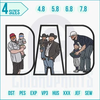 DAD with family embroidery design stitched in bold lettering on cotton t-shirt for Father’s Day gift.