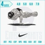 Baki Hanma-inspired Nike swoosh embroidery stitched in black and red threads on hoodie, featuring detailed martial arts anime fighter accents.