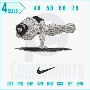 Baki Hanma-inspired Nike swoosh embroidery stitched in black and red threads on hoodie, featuring detailed martial arts anime fighter accents.