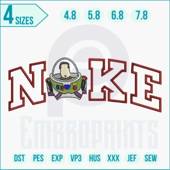Nike Buzz Lightyear embroidery design stitched on fabric with detailed space ranger colors and bold outline.