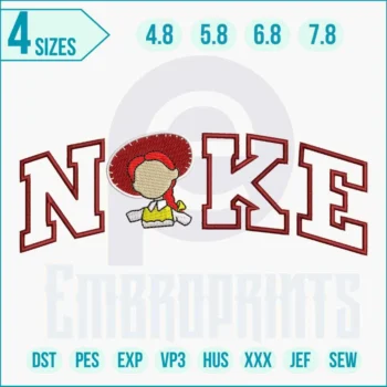 Jessie embroidery design stitched on fabric showing playful cartoon cowgirl with bright colors and detailed satin and fill stitches.