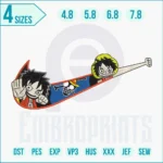 Monkey D. Luffy-inspired Nike swoosh embroidery stitched in red, blue, and yellow threads on black hoodie, featuring detailed anime pirate accents.