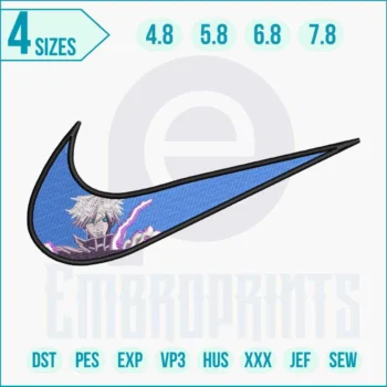 Satoru Gojo-inspired Nike swoosh embroidery design stitched in blue and white threads on black hoodie, featuring detailed anime character accents for streetwear.