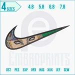 Akaza-inspired swoosh embroidery stitched on black hoodie with anime demon details.