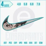 Nike Swoosh embroidery featuring anime-inspired eyes on fabric, blending streetwear style with anime artistry.