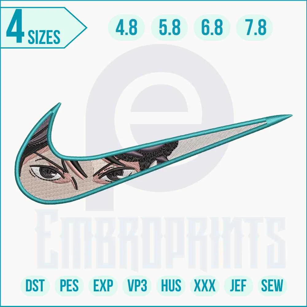 Nike Swoosh anime eyes embroidery design Nike Swoosh embroidery featuring anime-inspired eyes on fabric, blending streetwear style with anime artistry.