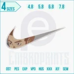 Anime face-inspired Nike swoosh embroidery stitched in black and white threads on hoodie, featuring detailed manga character accents.