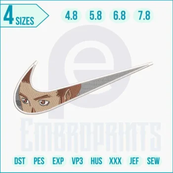 Anime face-inspired Nike swoosh embroidery stitched in black and white threads on hoodie, featuring detailed manga character accents.