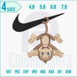 Hanging monkey Nike style machine embroidery design for hoodie and cap.