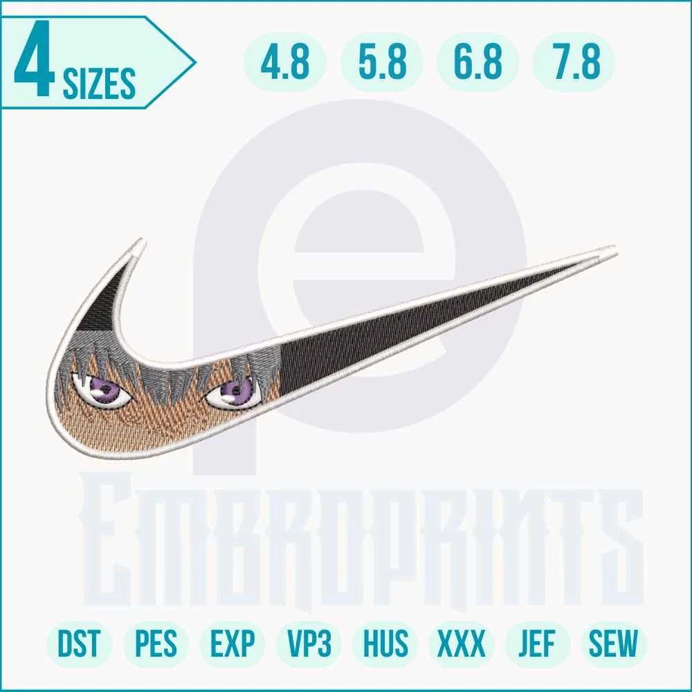 Nike swoosh Naruto embroidery design Naruto Uzumaki-inspired Nike swoosh embroidery stitched in orange, blue, and black threads on hoodie, featuring detailed anime ninja accents.