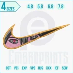 Nike Swoosh embroidery featuring Sasuke Uchiha’s Sharingan eyes from Naruto, blending anime style with streetwear fashion.