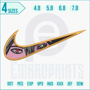 Nike Swoosh embroidery featuring Sasuke Uchiha’s Sharingan eyes from Naruto, blending anime style with streetwear fashion.