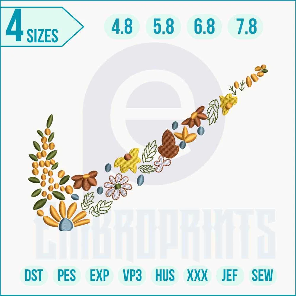 Nike swoosh floral embroidery design Floral swoosh embroidery design with detailed flowers stitched on a hoodie.