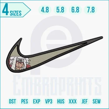 Nike Swoosh embroidery with Naruto anime eyes design on black fabric, combining streetwear and anime style.