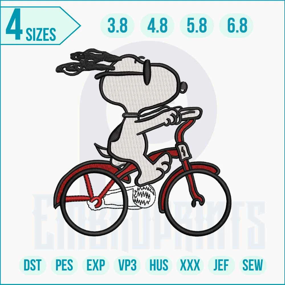 Peanuts Snoopy Bicycle embroidery design Peanuts Snoopy Bicycle embroidery design – perfect for kids’ gifts, shirts, hoodies, and blankets. Machine-ready digital embroidery file.