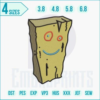 Plank Eddy embroidery design stitched on fabric showing playful cartoon character with bold colors and detailed satin and fill stitches.