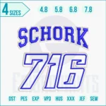 SCHORK 716 embroidery design stitched on fabric showing industrial logo with clean satin and fill stitches.