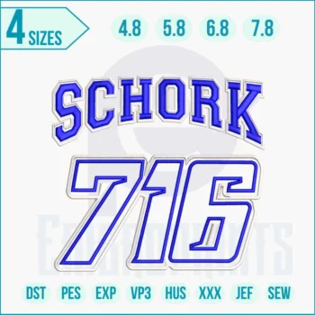 SCHORK 716 embroidery design stitched on fabric showing industrial logo with clean satin and fill stitches.