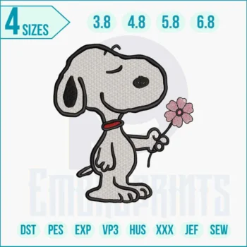 Snoopy holding flower embroidery design stitched on t-shirt.