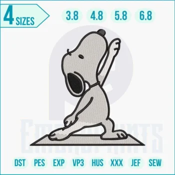 Snoopy Yoga embroidery design stitched on fabric showing cartoon dog in yoga pose with detailed satin and fill stitches.