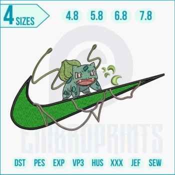 Stylized embroidery design of the Pokémon Bulbasaur integrated with a Nike‑style swoosh shape.